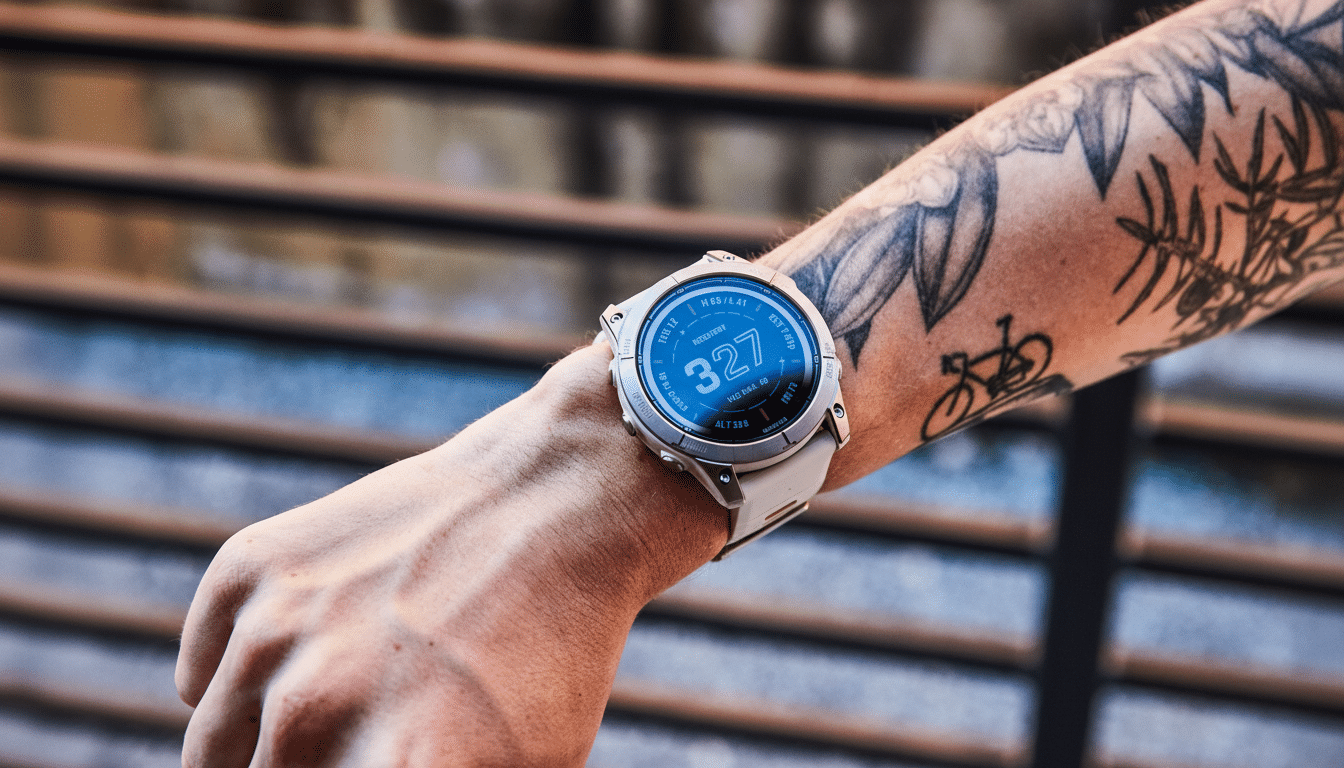 A person ' s arm with tattoos wearing a smart watch with a blue display showing recovery data .