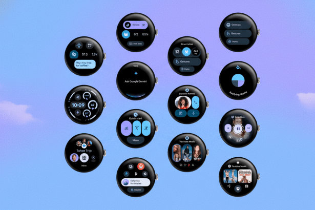 Multiple circular smartwatch displays are arranged on a blue and purple gradient background that resembles a cloudy sky. The displays show various app interfaces , including messages , health metrics, quick settings , music players , and contacts .