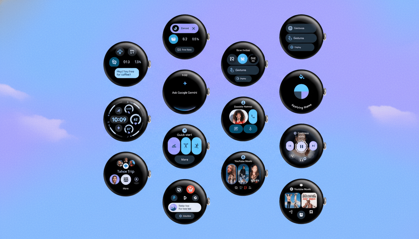 Multiple circular smartwatch displays are arranged on a blue and purple gradient background that resembles a cloudy sky. The displays show various app interfaces , including messages , health metrics, quick settings , music players , and contacts .