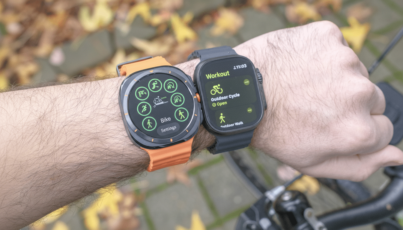 A man s arm showing two smartwatches, one with an orange band displaying cycling app icons and the other with a dark band displaying a workout menu wi