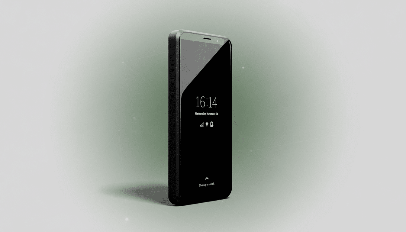 A sleek , black smartphone with a dark screen displaying the time 1 6:14 and the date Wednesday , November 0 6, set against a professional light grey background with subtle geometric patterns. Filename : smartphone 1 69 professional.png