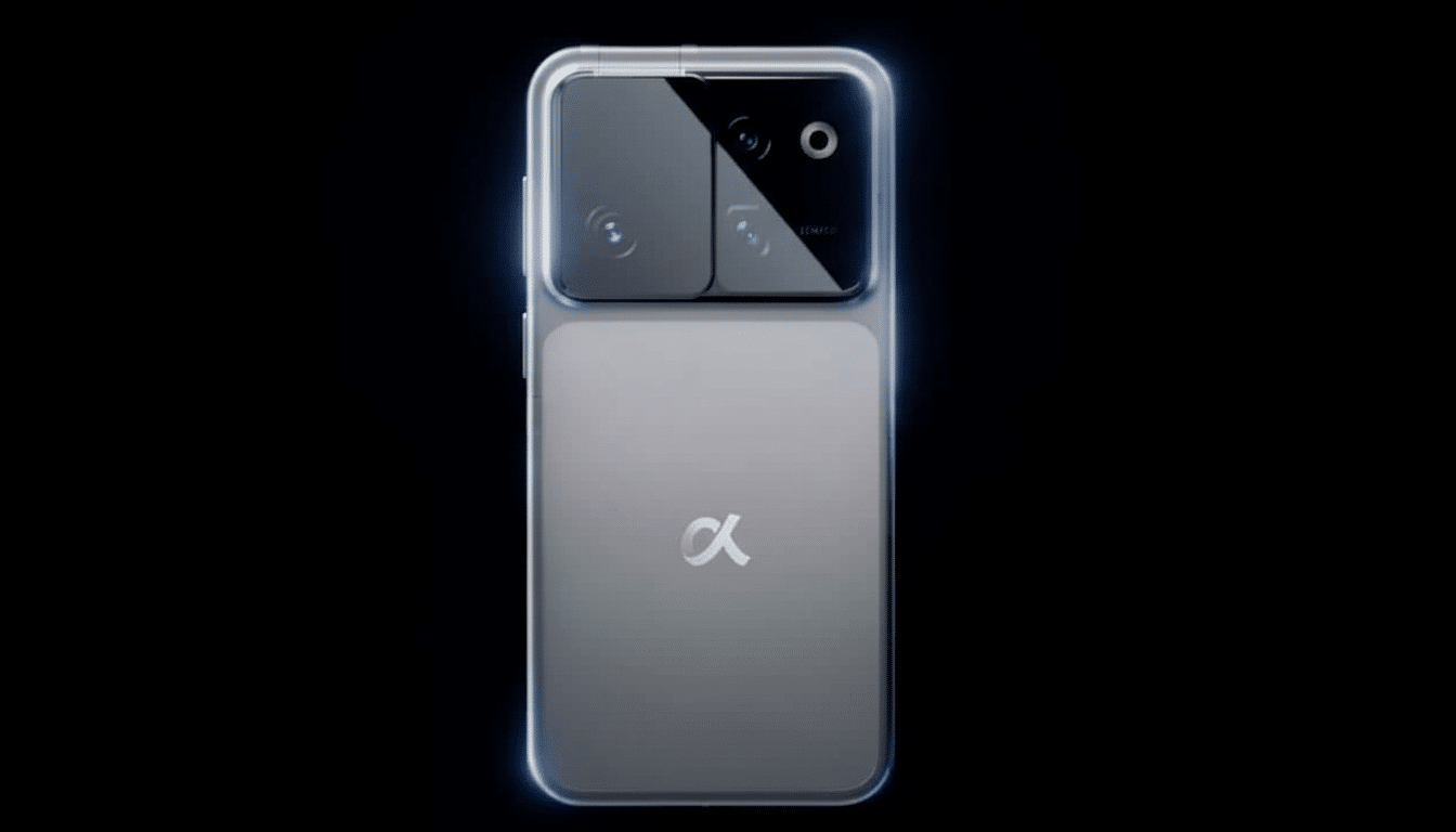Back view of a gray smartphone with a large , square camera module and an alpha symbol logo .