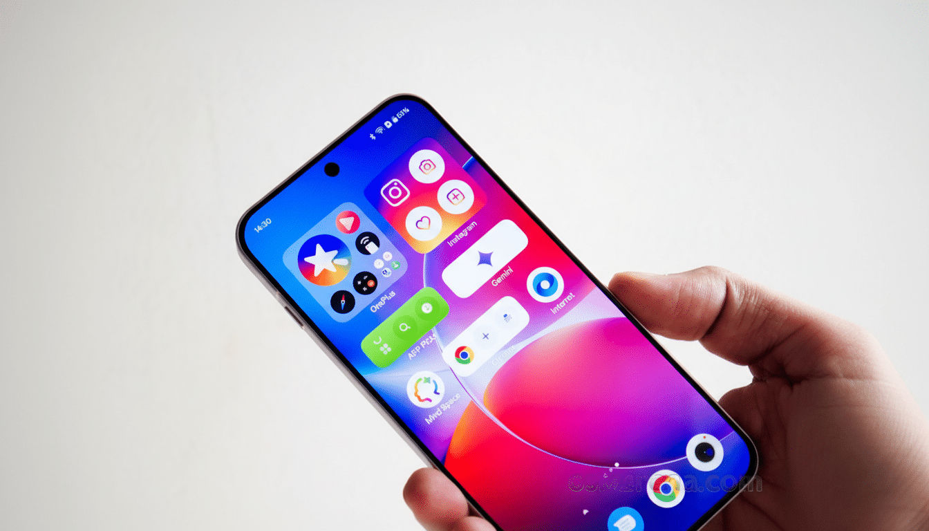 A hand holding a smartphone displaying various app icons on the home screen.