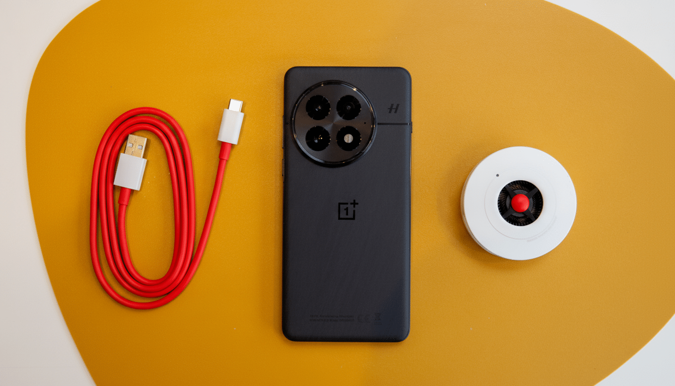 A black smartphone, a coiled red charging cable, and a white circular device with a red center are neatly arranged on a two -toned surface, primarily yellow with a white section on the left.