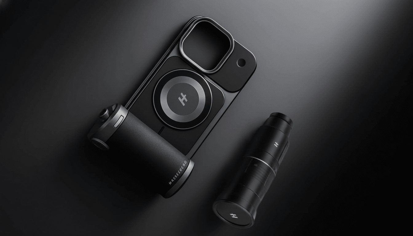 A professional shot of a smartphone with a camera attachment and a separate camera lens, all in a sleek black design .