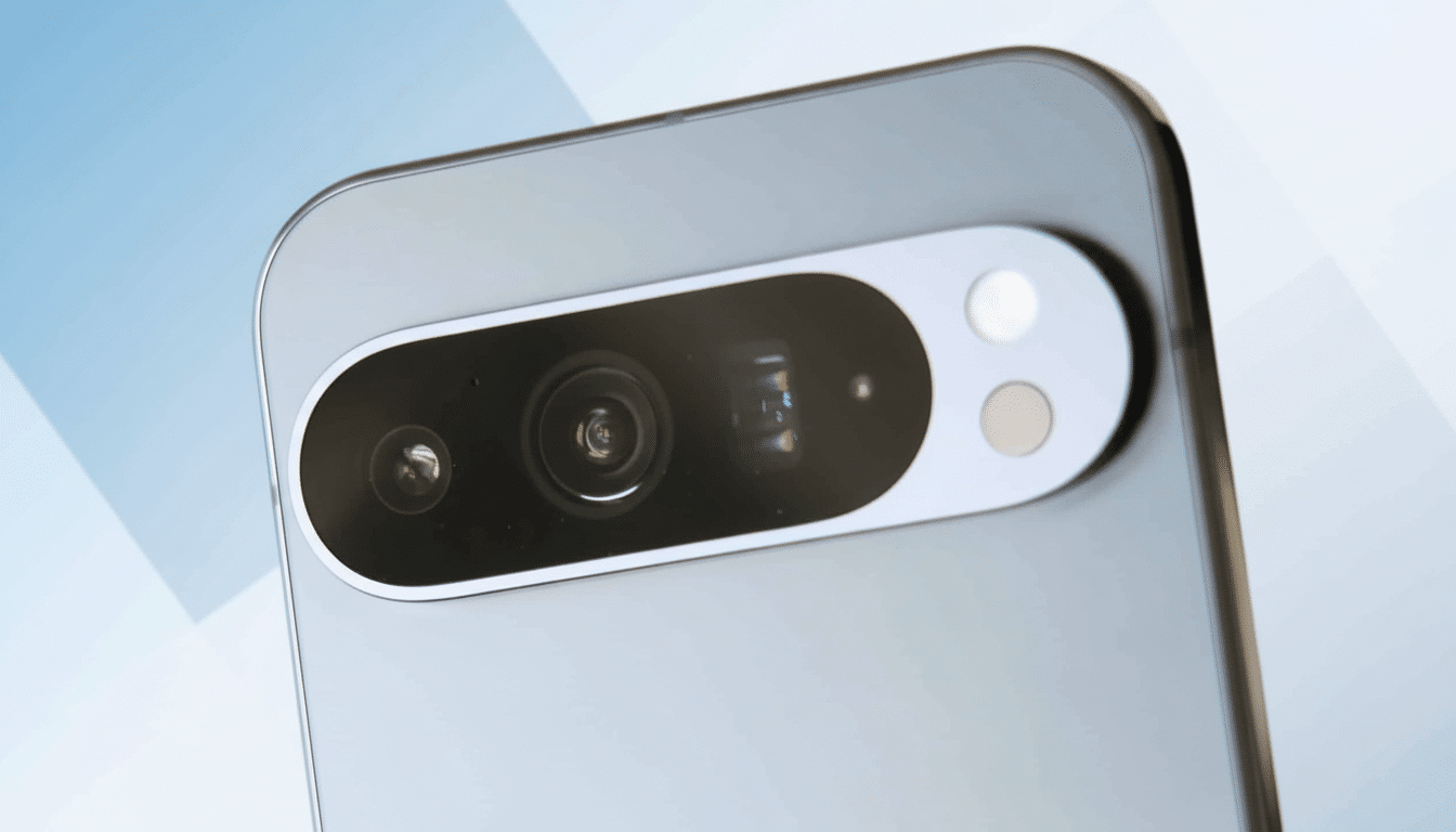 Close- up of a smartphone 's horizontal camera bar and lenses , with a professional blue and white gradient background.