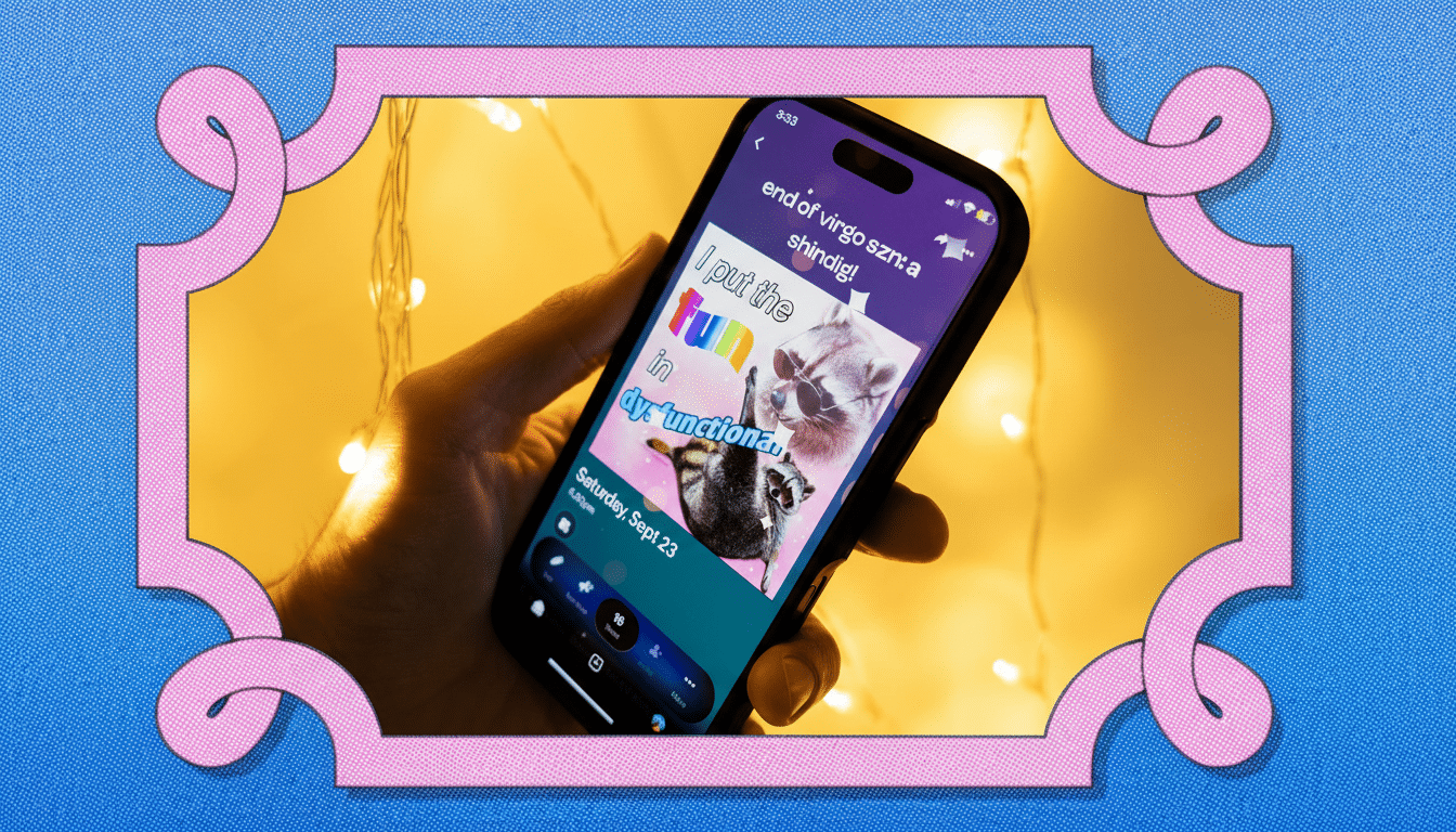 A hand holding a smartphone displaying an event invitation with a raccoon and a poss um, framed by a pink decorative border.