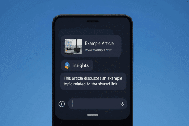 A smartphone displaying an example article link , an Insights section , and a text box , presented on a blue background. Filename : smartphone examplearticle insights.png