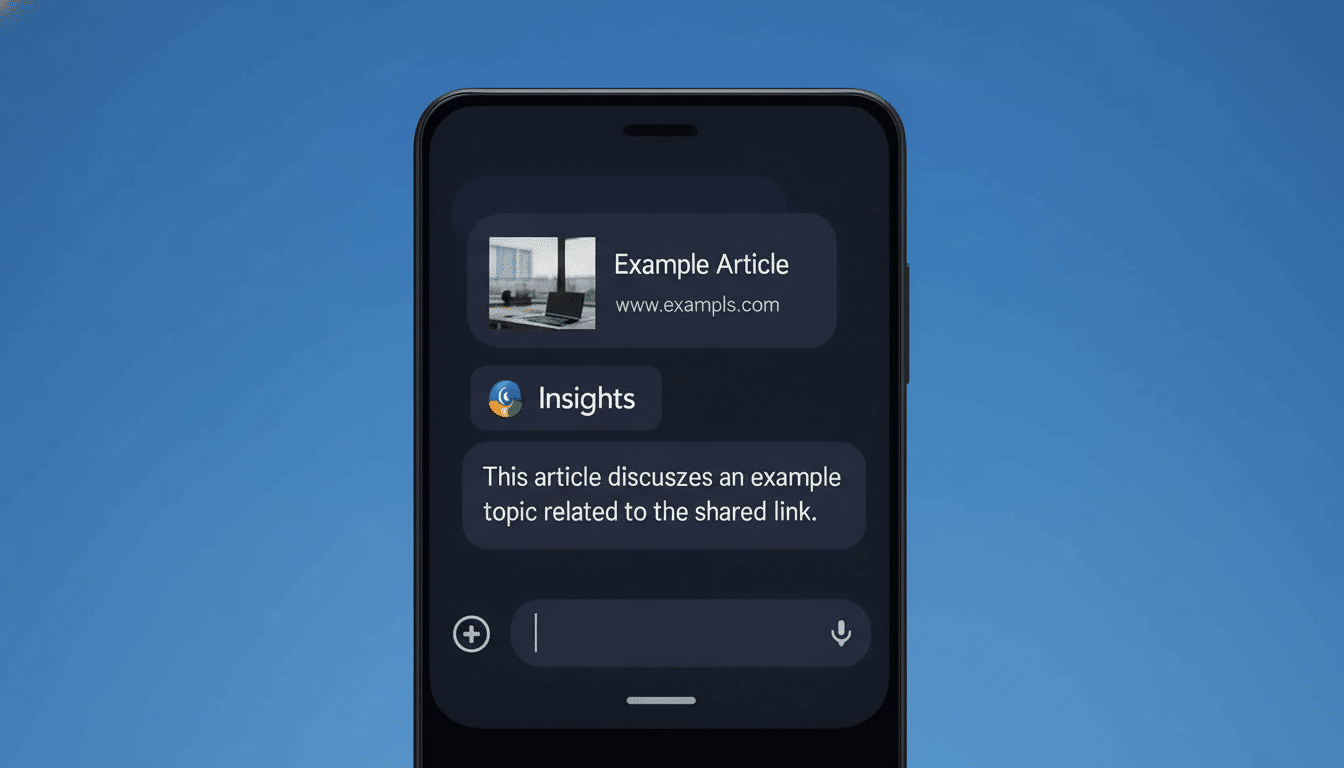 A smartphone displaying an example article link , an Insights section , and a text box , presented on a blue background. Filename : smartphone examplearticle insights.png