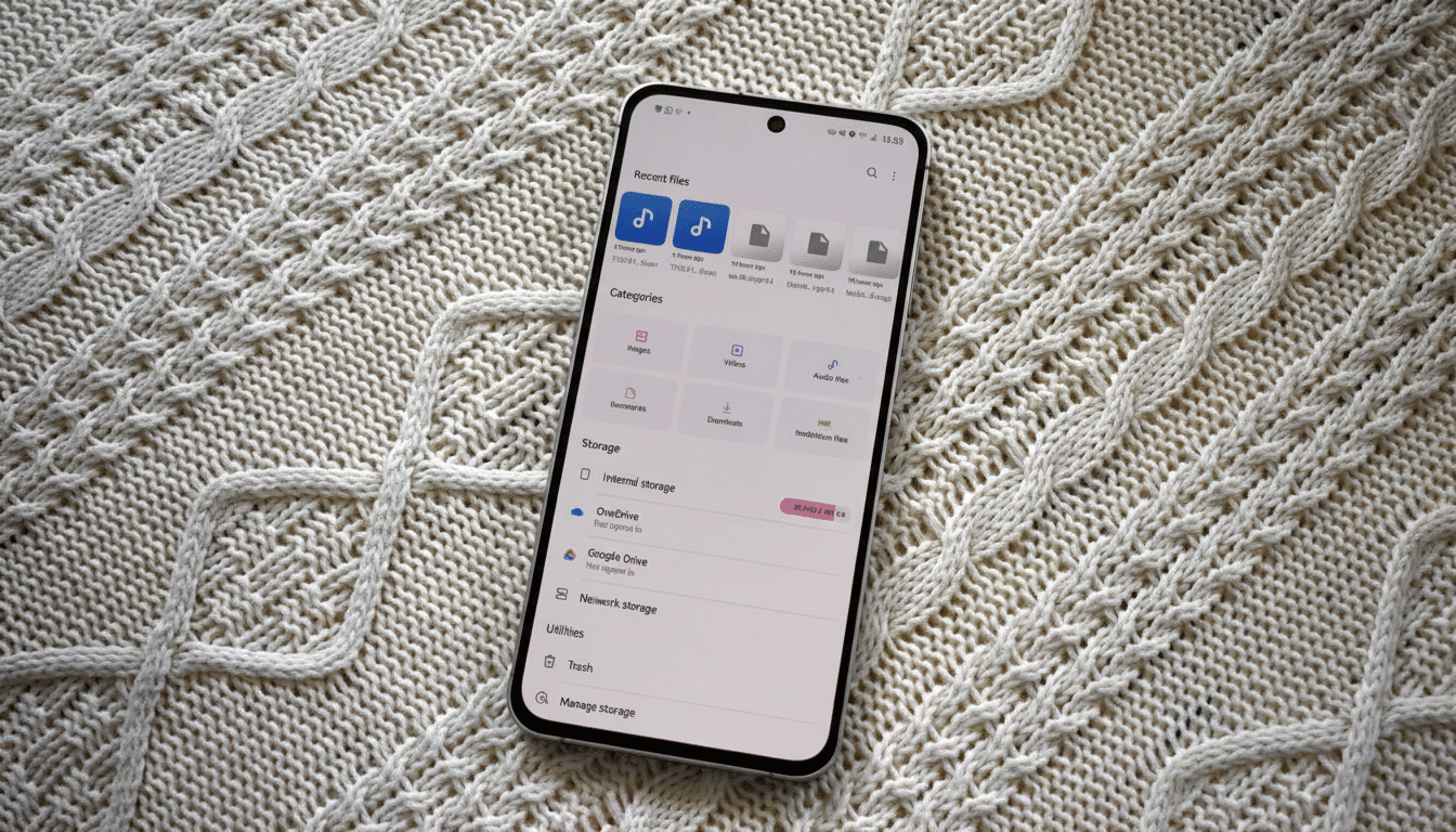 A modern smartphone displaying a file manager interface, resting on a textured white knitted blanket.