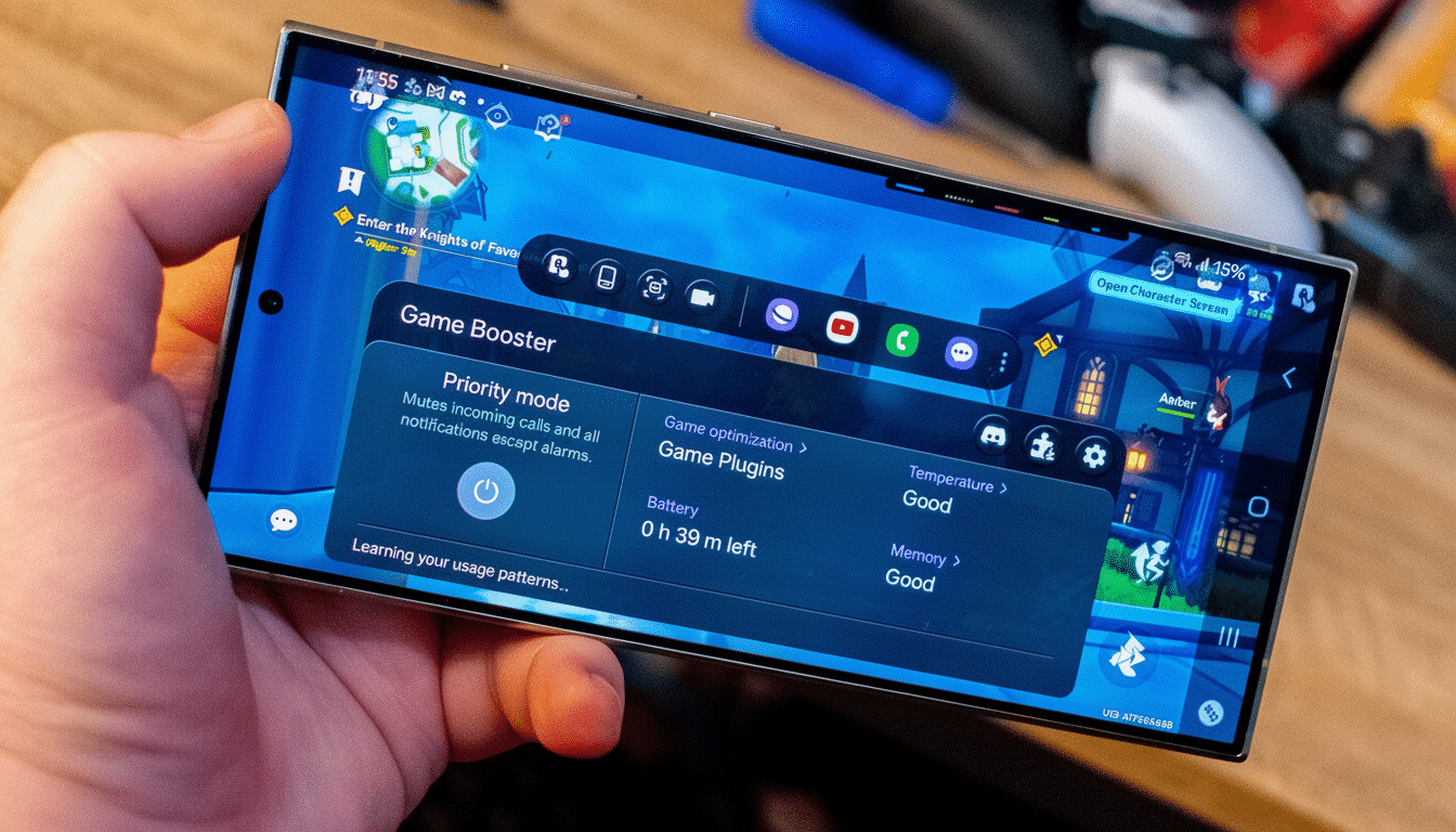 A hand holding a smartphone displaying the Game Booster menu while playing a game, resized to 16: 9 aspect ratio.
