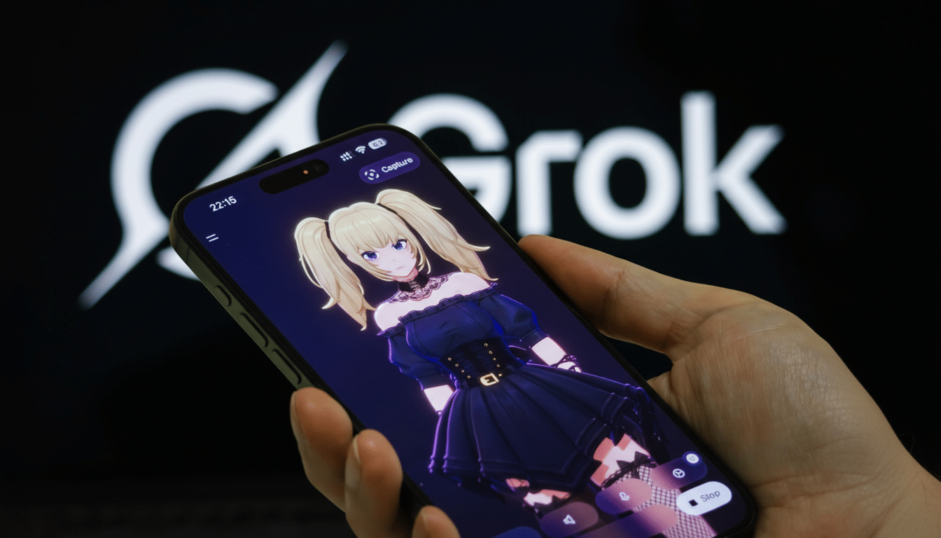 A hand holds a smartphone displaying a virtual anime character against a blurred  Grok logo background .