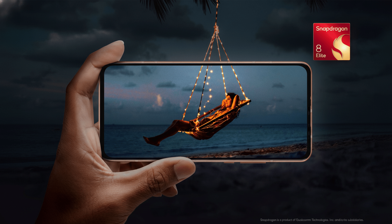 A hand holds a smartphone displaying a woman relaxing in a string light - ad orned hammock on a beach at dusk, with the Snapdragon 8 Elite logo in the top right.