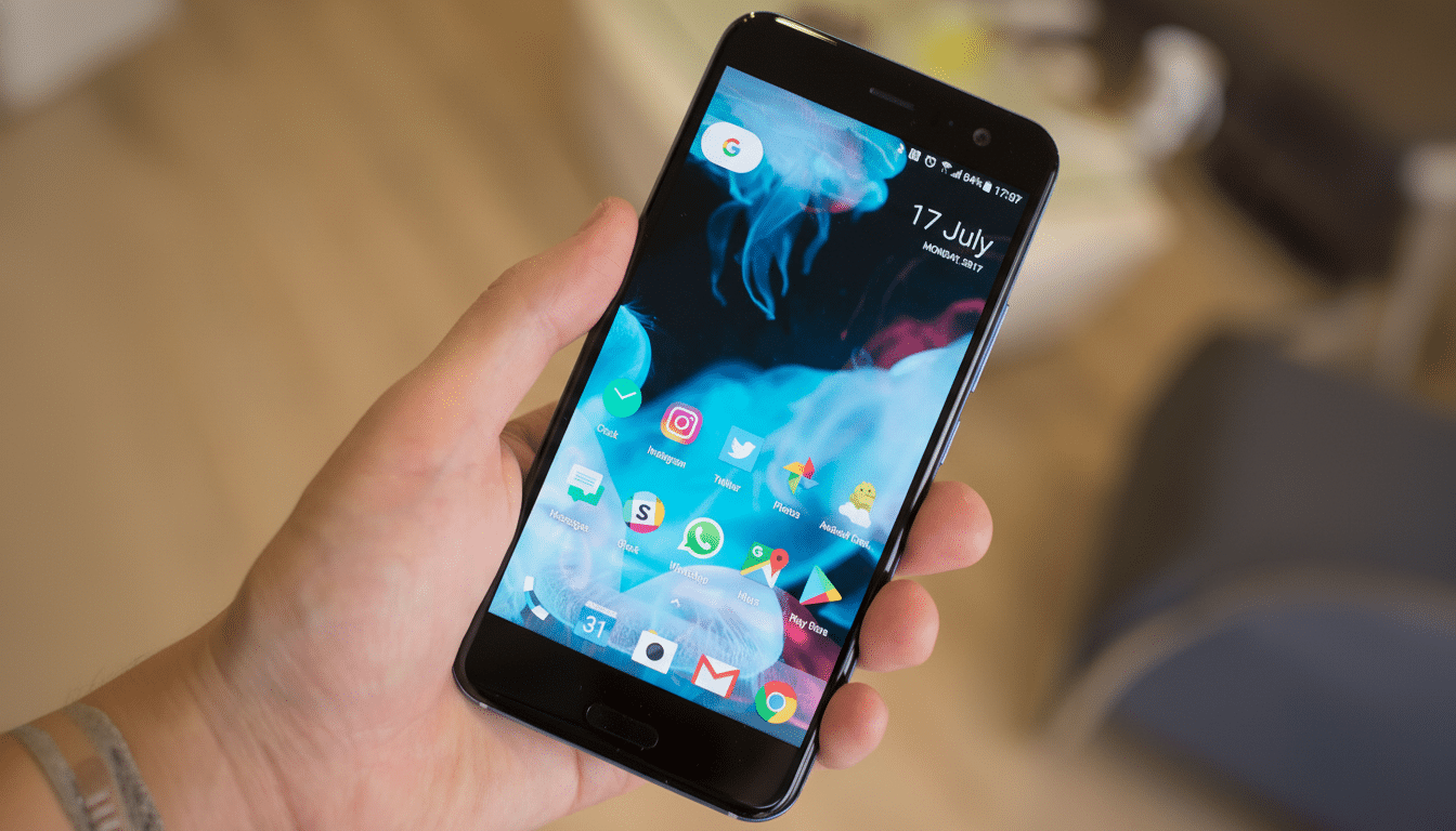 A hand holding a smartphone displaying various app icons and a jellyfish wallpaper.