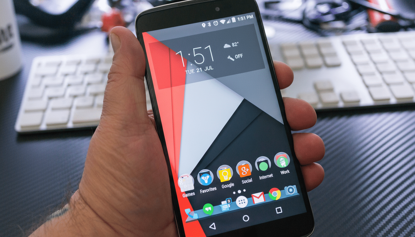 A hand holding a smartphone displaying the home screen with various app icons, time, and weather.