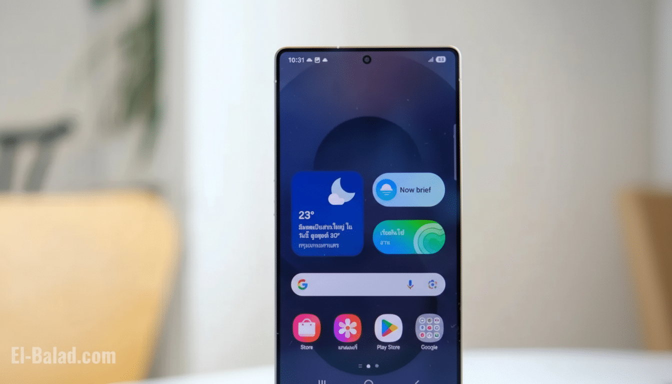 A modern smartphone displaying its home screen with weather widgets and app icons, set against a blurred background of a room.