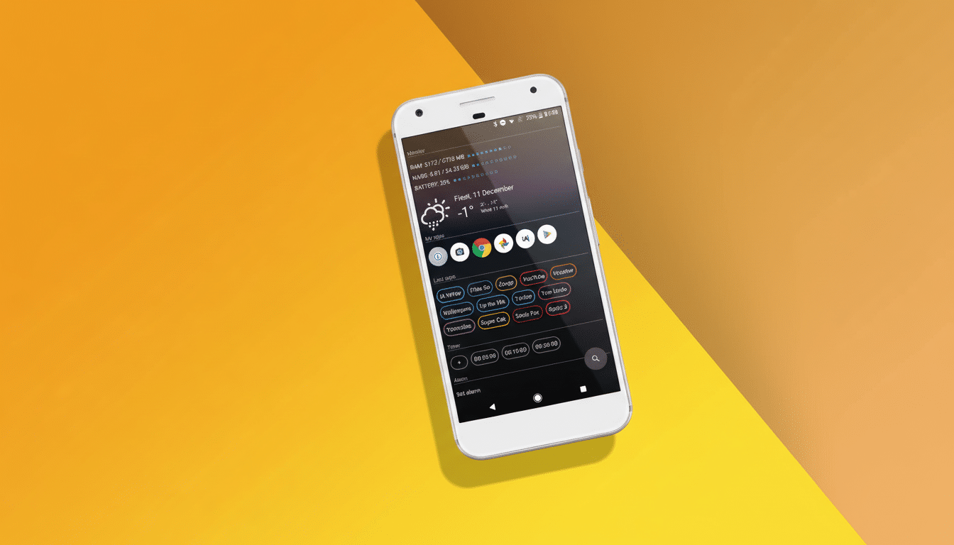 A white smartphone displaying a custom home screen with a dark- themed weather widget, app icons, and a timer, set against a two -tone orange and yellow background. Filename : smartphone homes creendisplay .png