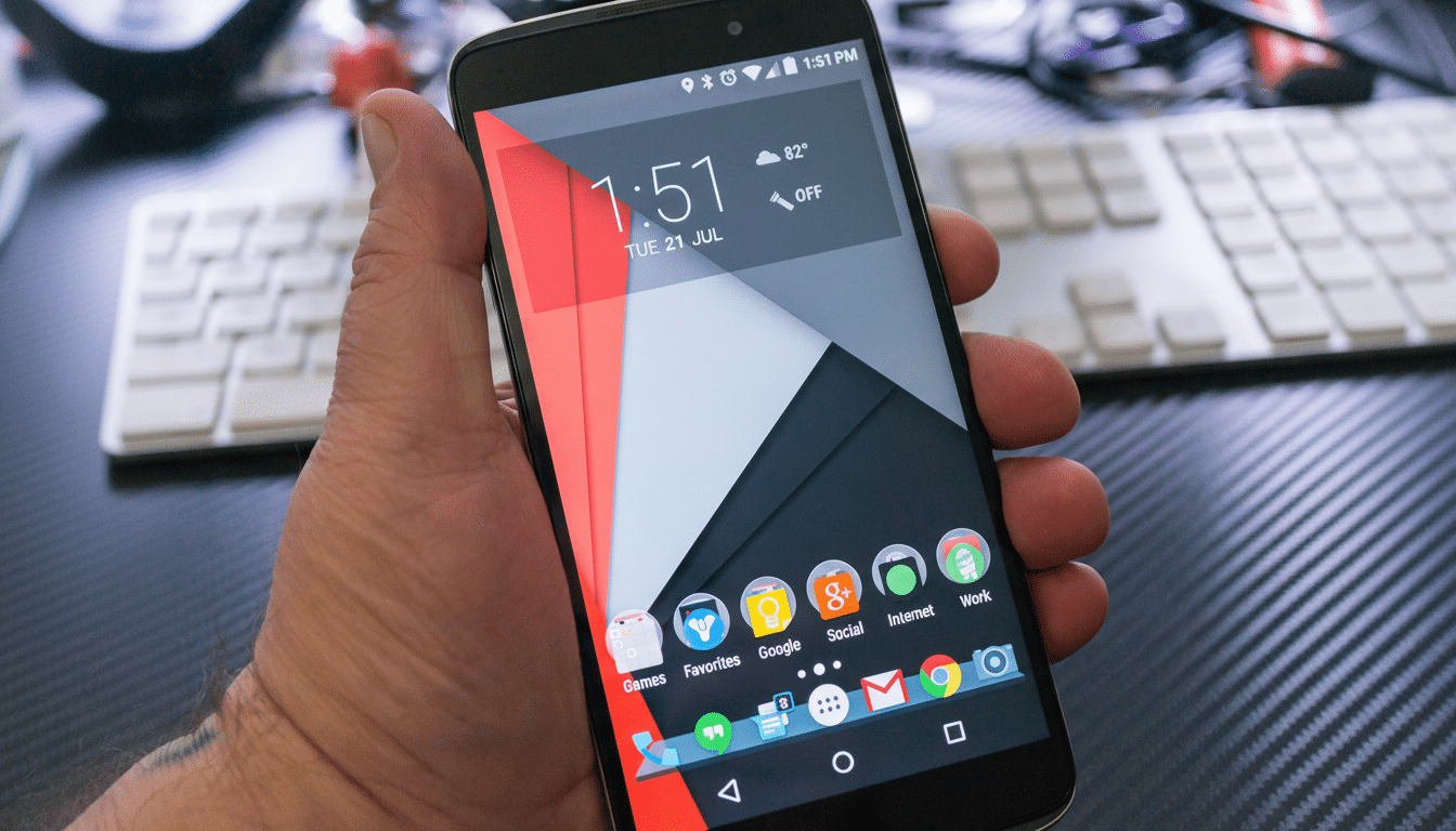 A hand holding a smartphone displaying the home screen with various app icons, resized to a 1 6: 9 aspect ratio.