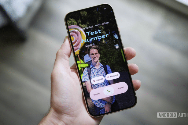 A hand holding a smartphone displaying an incoming call screen with a person' s image as the background.