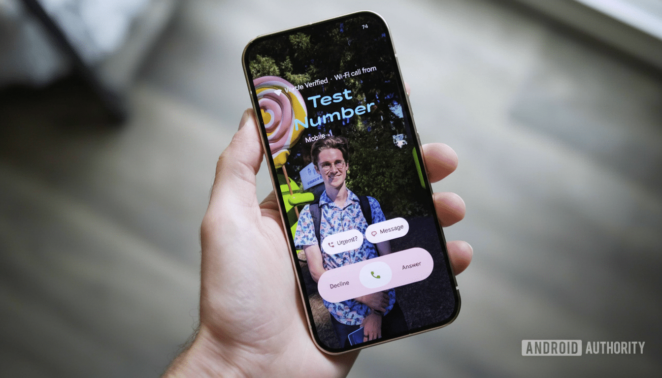 A hand holding a smartphone displaying an incoming call screen with a person' s image as the background.