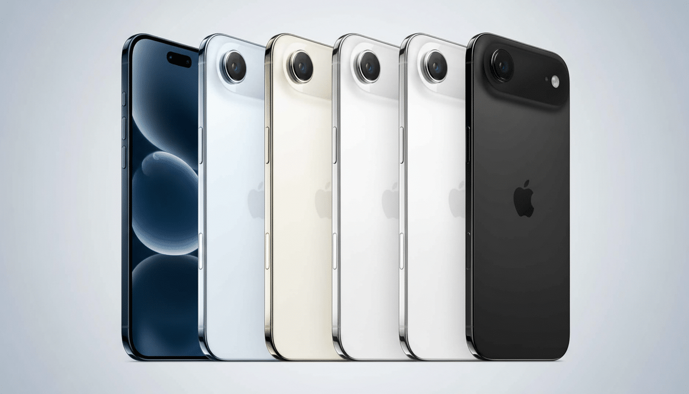 A professional lineup of five smartphones in various colors: dark blue, light blue, gold, white, and black, against a subtle gradient background.