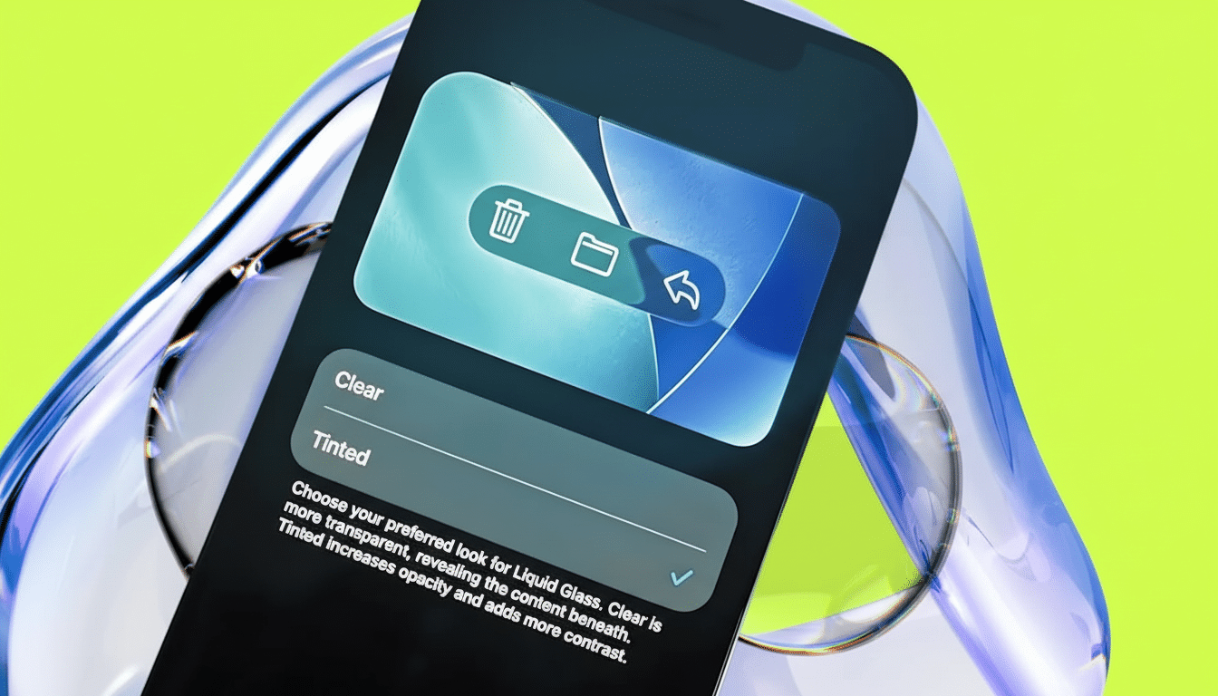 A smartphone displaying a user interface with options for Clear  and Tint ed liquid glass effects , set against a vibrant green background with a blurred , reflective object .