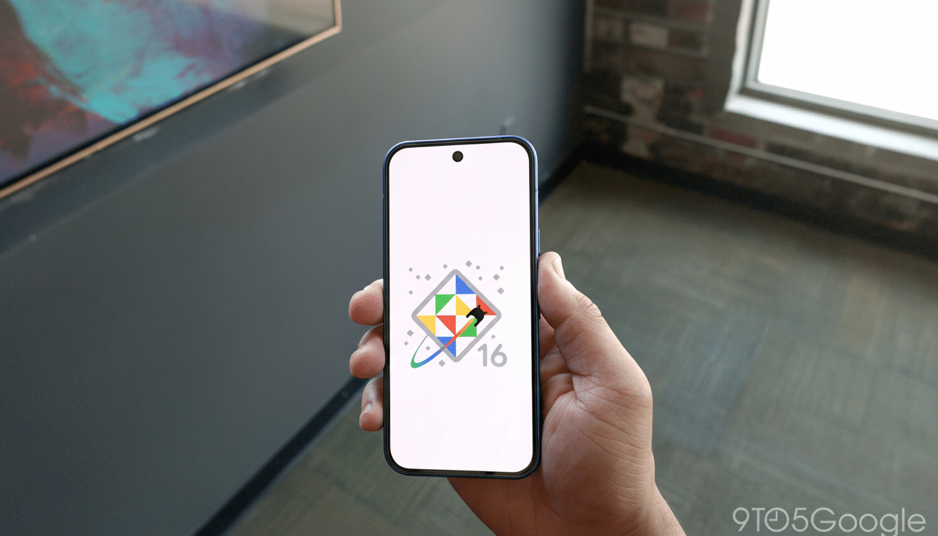 A hand holding a smartphone displaying an abstract colorful logo with the number 16.