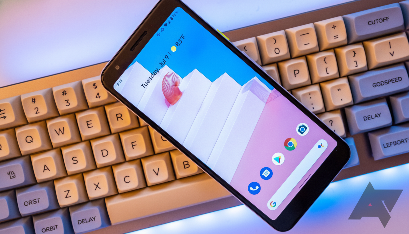 A black smartphone displaying a colorful abstract wallpaper and app icons, resting diagonally on a cream -colored mechanical keyboard. Filename : smartphone onkeyboard .png