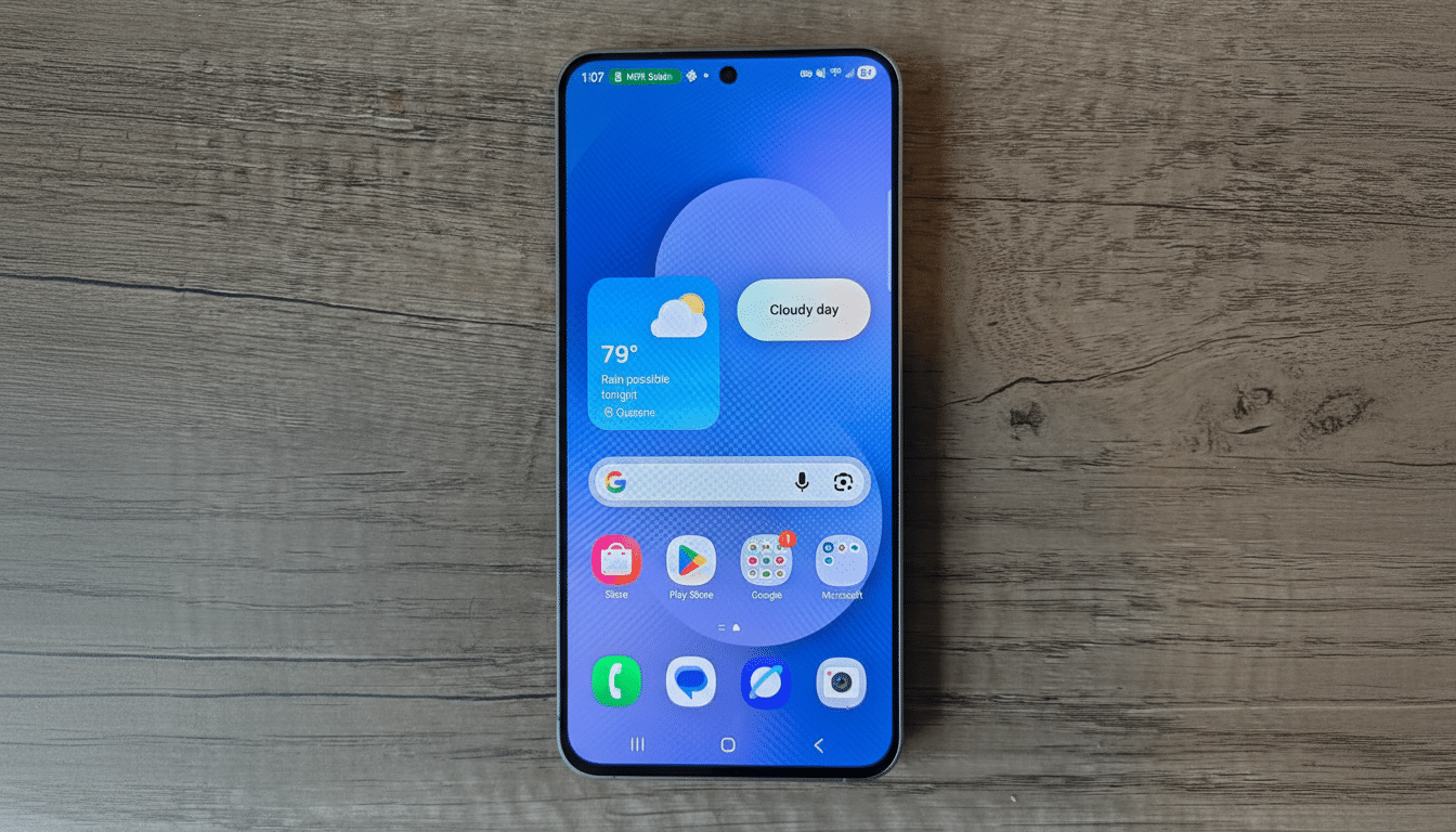A modern smartphone with a blue wallpaper displaying weather widgets and various app icons, set against a wooden surface. The image has been resized t