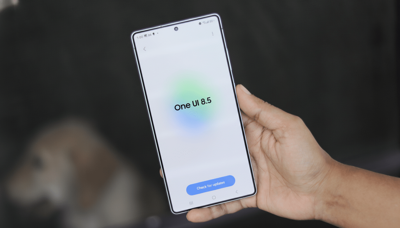 A hand holding a smartphone displaying  One UI 8 .5 and a Check for updates button, against a dark, slightly blurred background with a glimpse of a dog.