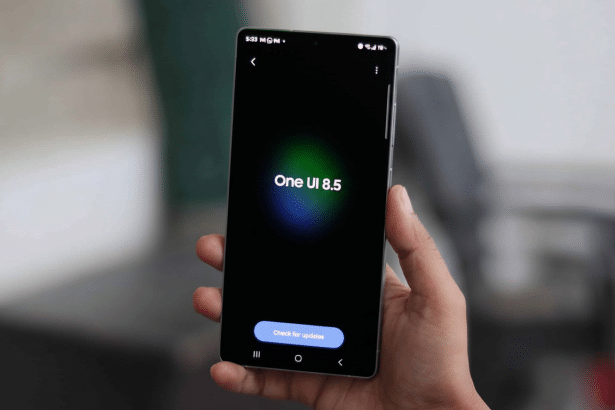 A hand holding a smartphone displaying One UI 8 .5 on a dark screen.