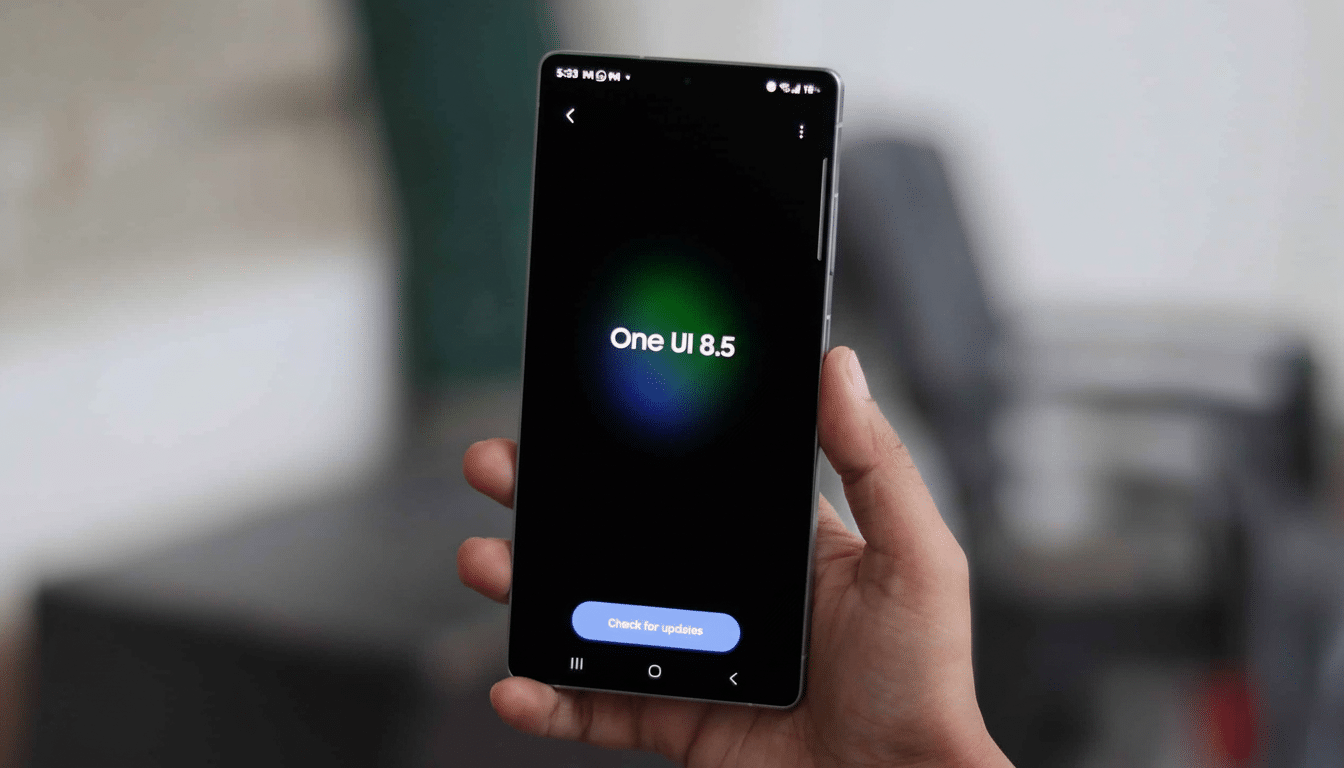 A hand holding a smartphone displaying One UI 8 .5 on a dark screen.