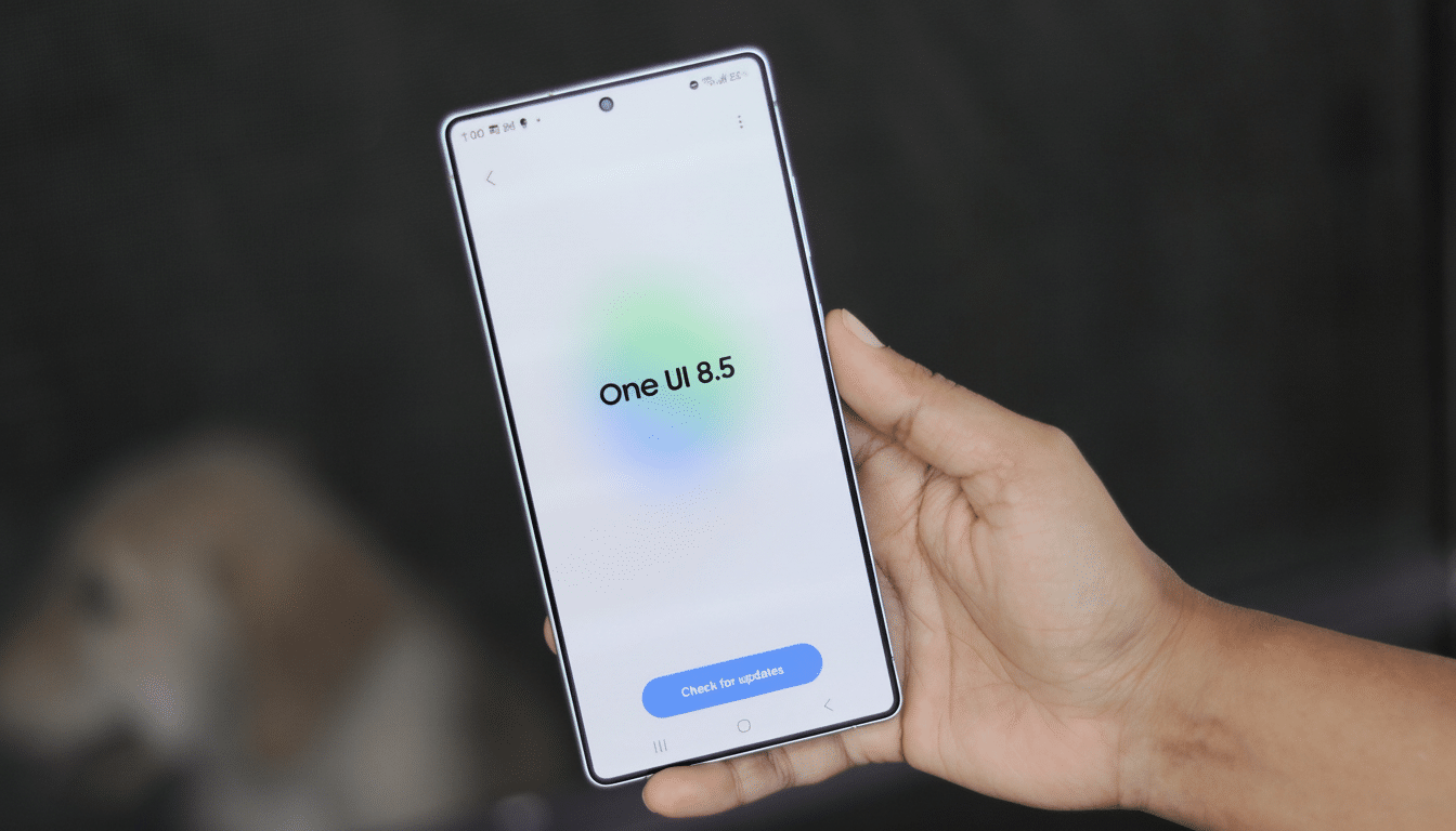 A hand holding a smartphone displaying the One UI 8. 5 update screen with a  Check for updates button. Filename : smartphone oneui 85 update.png