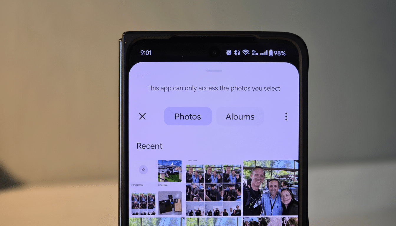 A close-up of a smartphone screen displaying a photo access permission prompt, with options to select Photos or Albums and recent images visible below