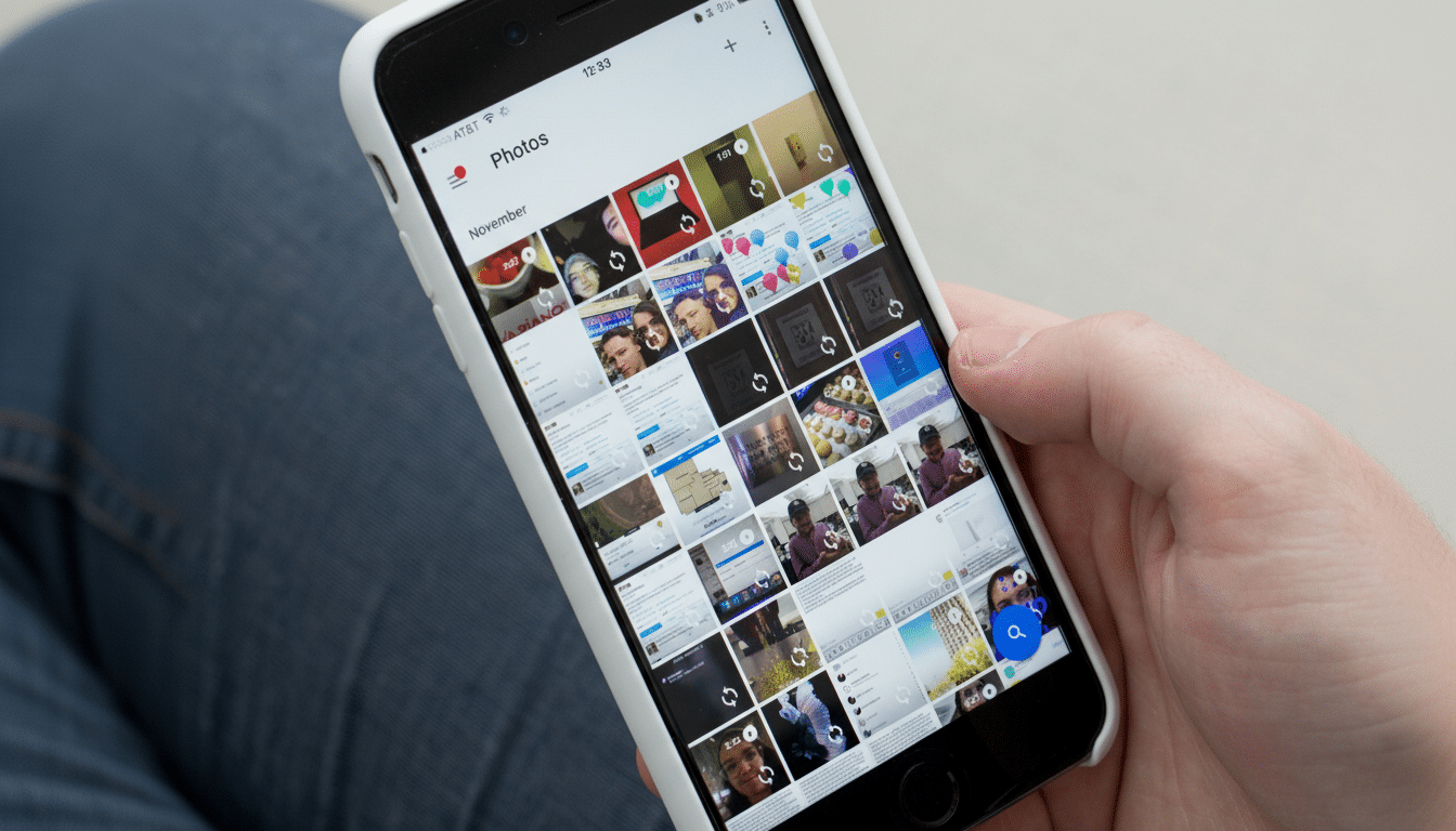 A person holding a smartphone displaying a photo gallery app with various images.