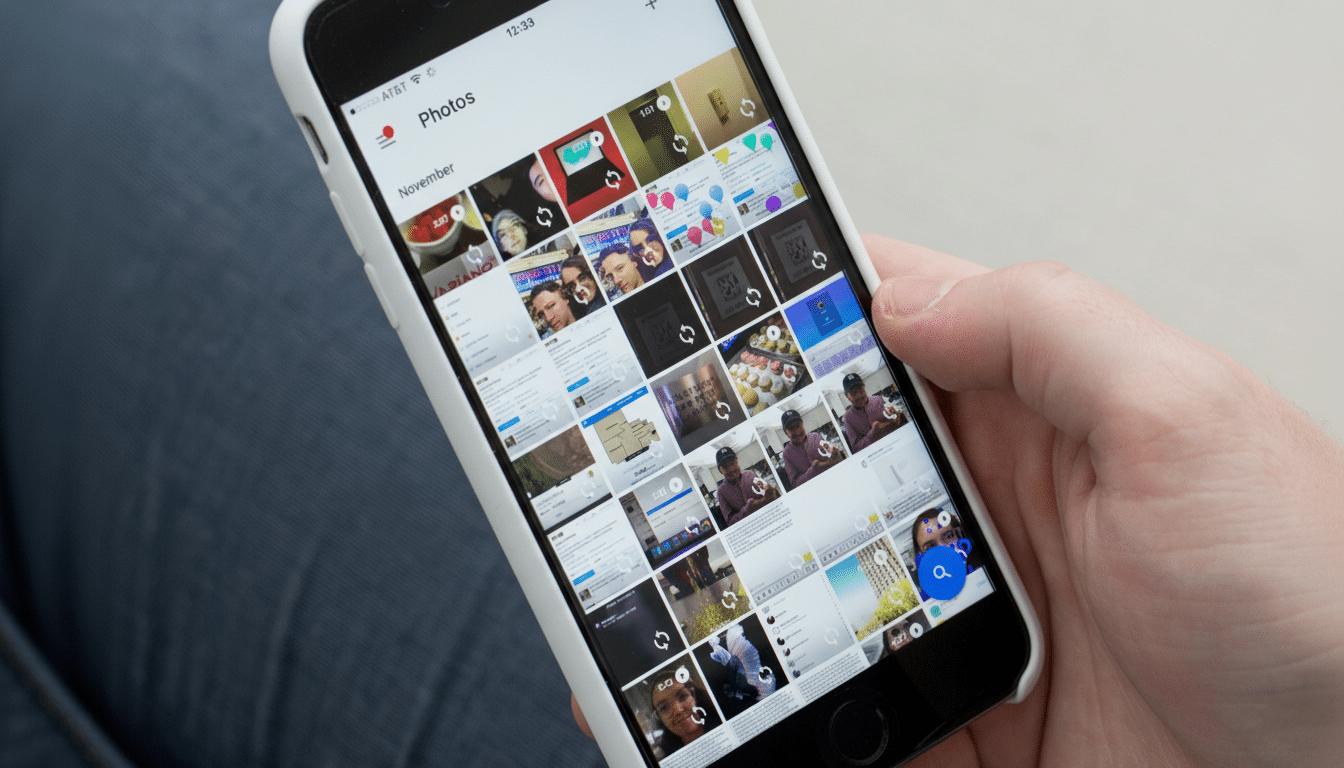 A person 's hand holding a smartphone displaying a  Photos gallery , with numerous thumbnail images visible on the screen.