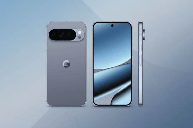 A professional presentation of a modern smartphone in a pale gray color, shown from three angles: back, front, and side. The back features a horizonta