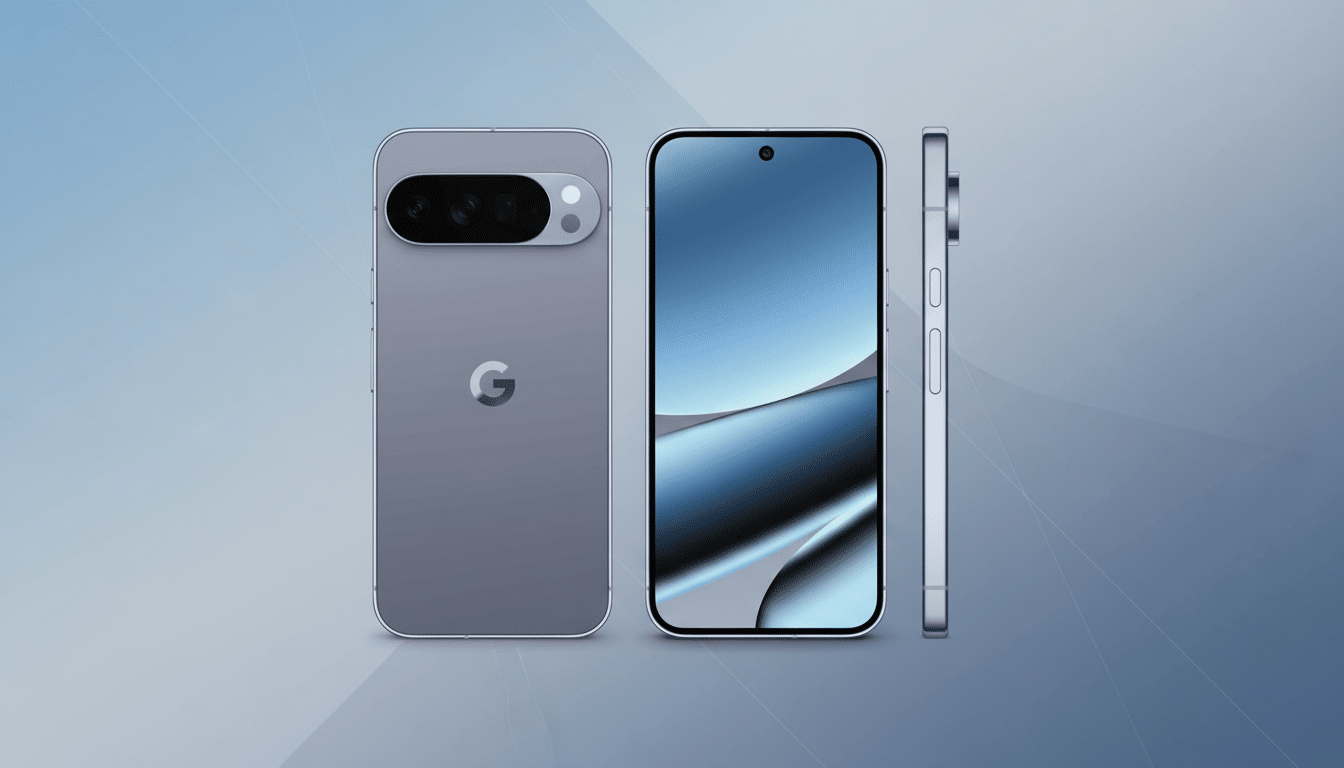 A professional presentation of a modern smartphone in a pale gray color, shown from three angles: back, front, and side. The back features a horizonta