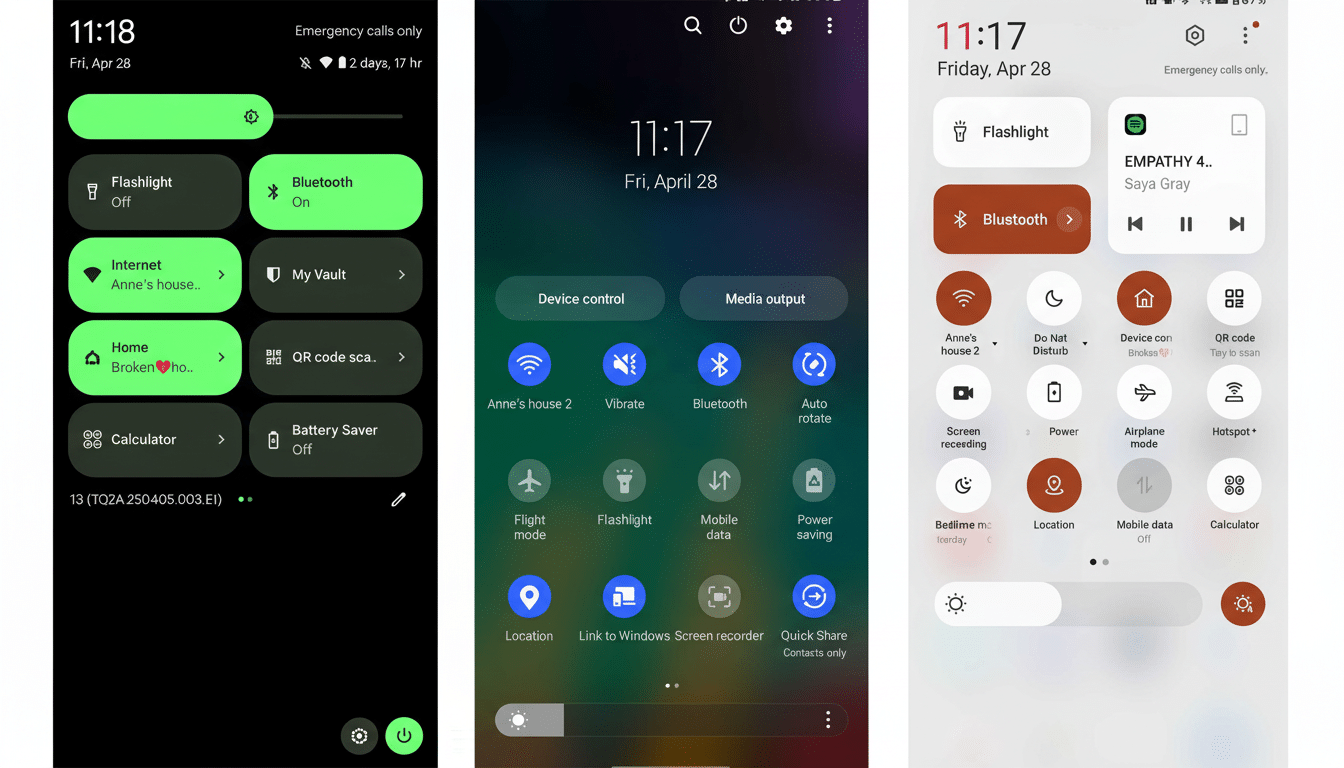 A professional enhancement of the original image , resized to a 1 6:9 aspect ratio. The image displays three smartphone screens with different quick settings menus . The first screen has a dark theme with green togg les. The second screen has a blue - themed quick settings menu with white icons. The third screen displays a quick settings menu with a white background and red and brown themed toggles.