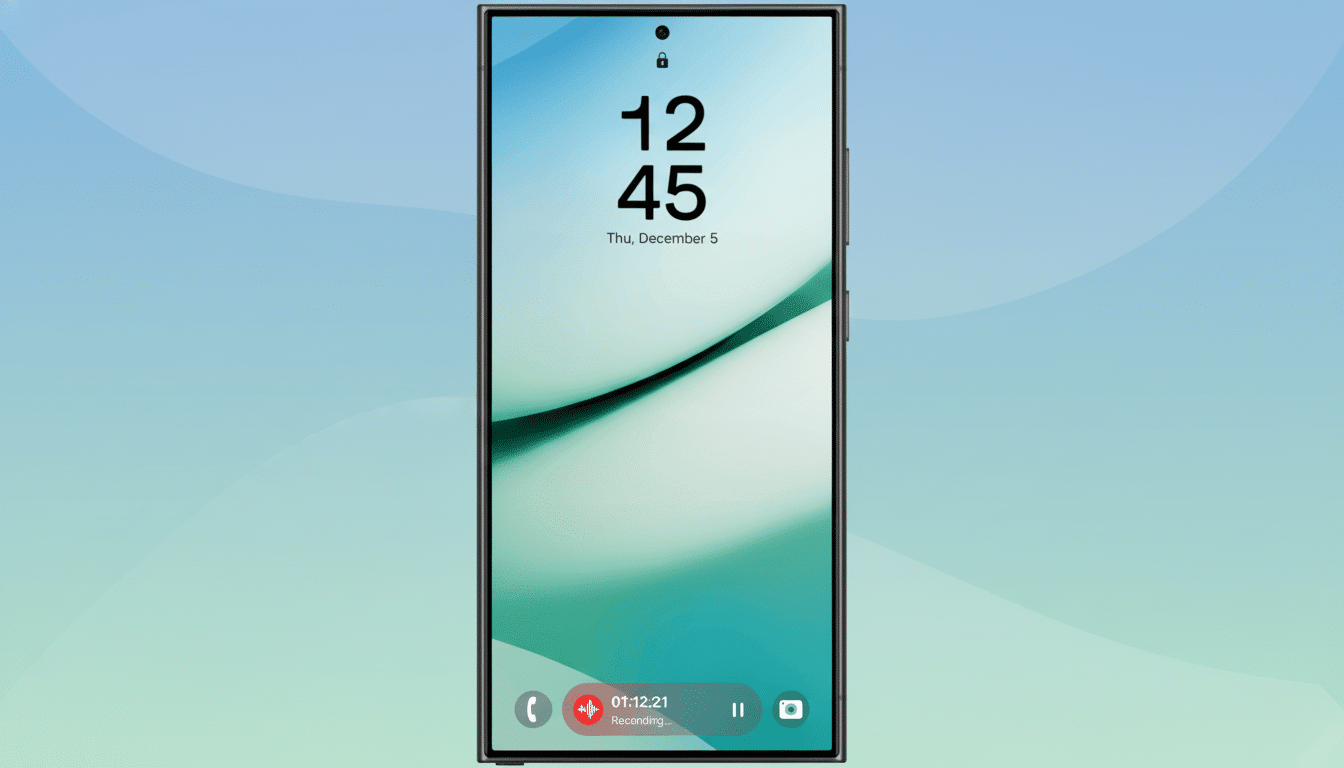 A modern smartphone displaying the time 1 2:45 , Thursday , December 5 , and a recording notification , set against a new professional blue - green gradient background.