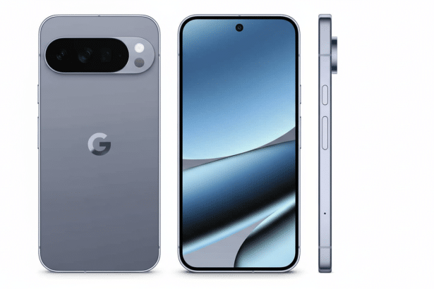 A professionally enhanced image of a smartphone with a 1 6: 9 aspect ratio, showing the front, back with a Google logo, and side profile against a whi