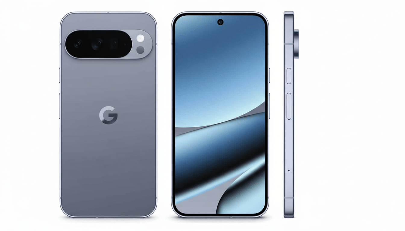 A professionally enhanced image of a smartphone with a 1 6: 9 aspect ratio, showing the front, back with a Google logo, and side profile against a whi