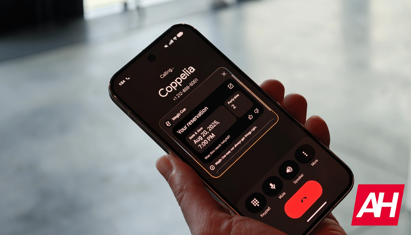 A hand holding a smartphone displaying a  Calling screen with Copp elia and a reservation detail pop -up for August 20, 202 5, at 7:00 PM for two people .