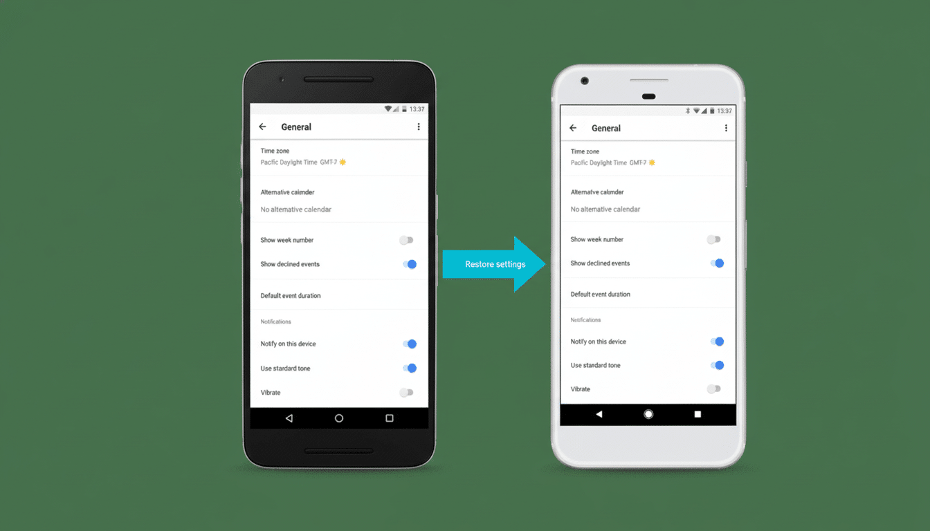 A black smartphone and a white smartphone displaying General settings, with a blue arrow pointing from the black phone to the white phone, labeled Restore settings . The phones show options like Time zone, Alternative calendar, Show week number , Show declined events, Default event duration, and various notification settings with toggle switches. The image is set against a simple green background .