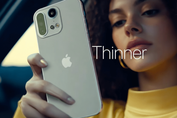 A woman in a yellow top holding up a light -colored smartphone with an Apple logo, showing the camera module at the top and the word Thinner superimposed on the right .
