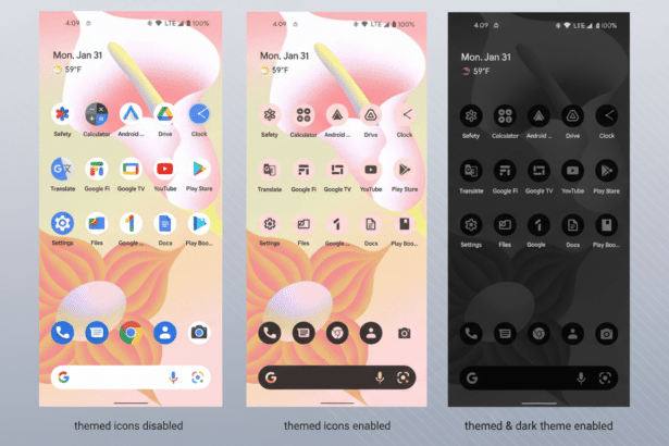 A professional comparison of three smartphone screens showing different theme settings: themed icons disabled with colorful icons, themed icons enable