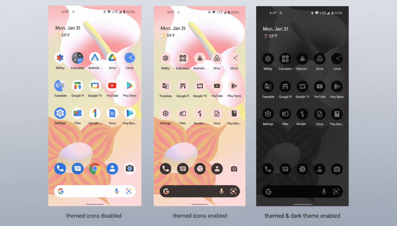 A professional comparison of three smartphone screens showing different theme settings: themed icons disabled with colorful icons, themed icons enable