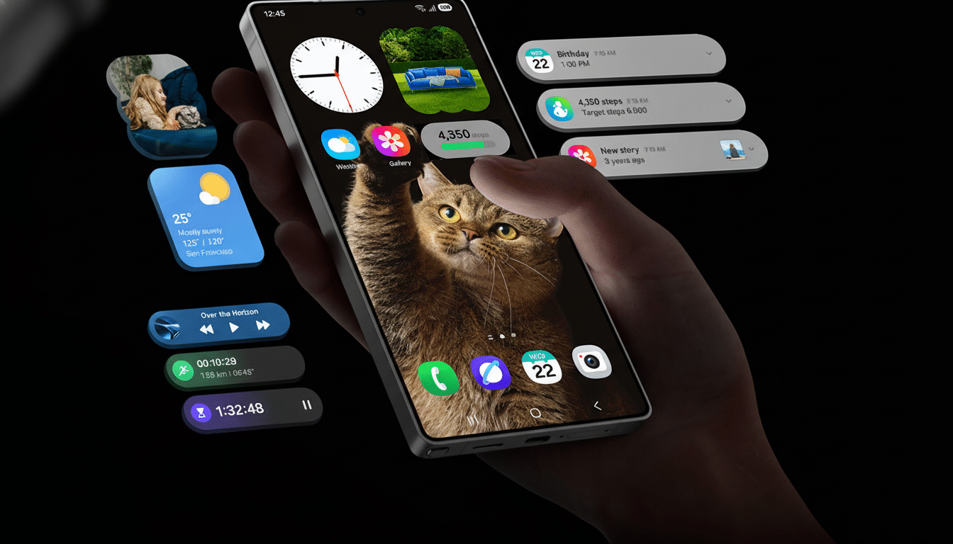 A hand holding a smartphone displaying various widgets and a cat image, with floating widgets around it on a dark background .