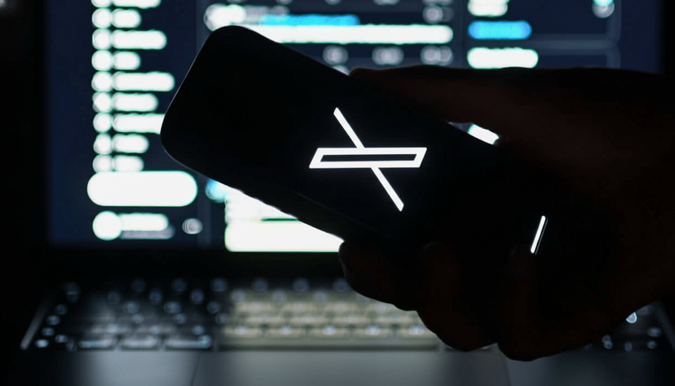 A hand holding a smartphone displaying the X logo, with a blurred background of a laptop screen showing lines of code.