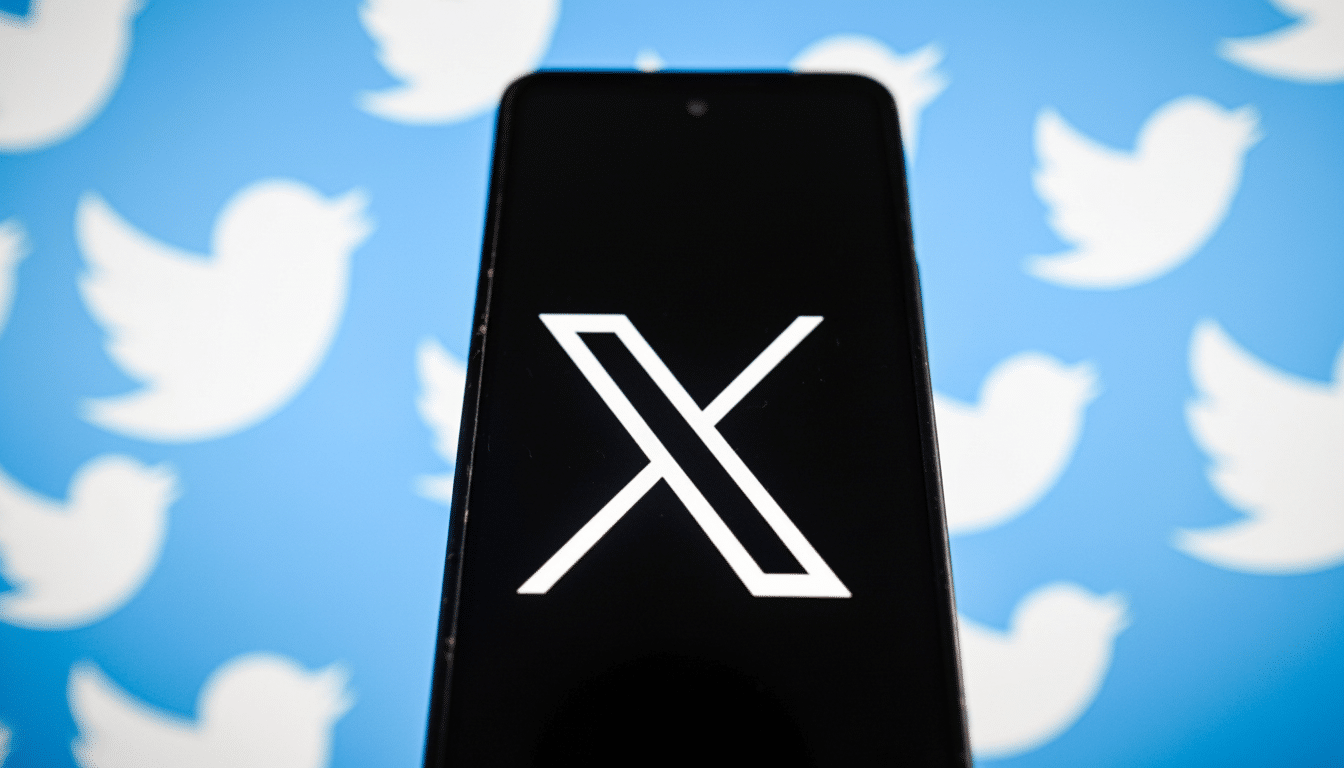 A smartphone displaying the X logo on its screen, set against a background of multiple white Twitter bird logos on a light blue surface.
